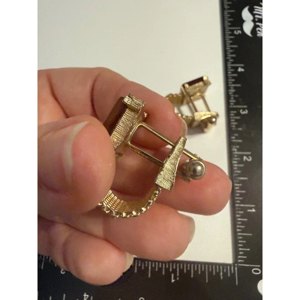Swank Vintage Gold Tone Mesh Wrap Cufflinks‎ Brown Tiger Eye Stone Mid Century